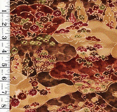 * Japanese Silk - Silk Blend - Japanese Countryside & Clouds with Pines & Cherry Blossoms - Tan & Brown - 1 2/3 yards - ON SALE