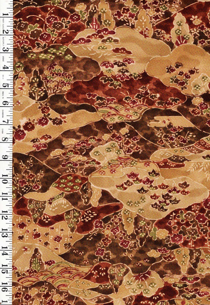 * Japanese Silk - Silk Blend - Japanese Countryside & Clouds with Pines & Cherry Blossoms - Tan & Brown - 1 2/3 yards - ON SALE
