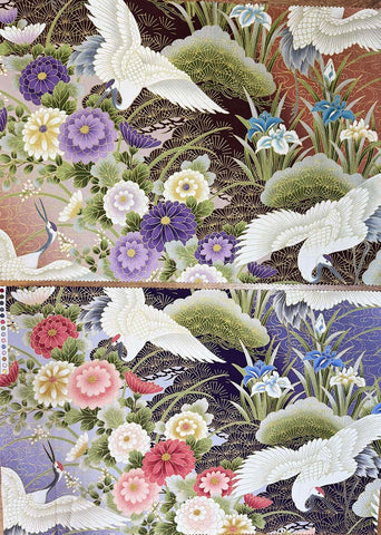 Asian - Kona Bay - Cranes, Iris, Floral River Scene - 4 Pieces