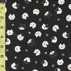 Japanese - Novelty - Cosmo Small Floating Cat Faces & Gold Coins - Dobby Weave - AP41903-1E - Black - By the Half Yard - Last 1/3 Yard