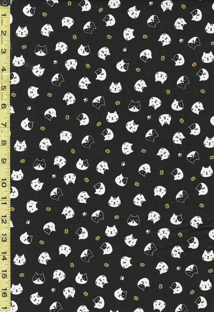 Japanese - Novelty - Cosmo Small Floating Cat Faces & Gold Coins - Dobby Weave - AP41903-1E - Black - By the Half Yard - Last 1/3 Yard