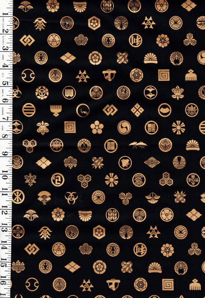 Japanese - Cosmo - Dark Gold Metallic Crests - Black - AP51803-3A - By the Half Yard - Last 2 1/8 Yards