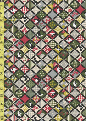 Japanese Novelty - Cosmo Tuxedo Cats & Seven Treasures - AP31908-1B - Black, Green & Red - Last 2/3 Yard
