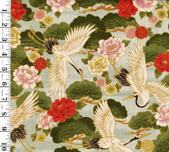 *Japanese - Flying Cranes, Pines & Peonies (Slightly Denser/ Heavier Weight) - CYS-1001-C - Celadon - By the Half Yard