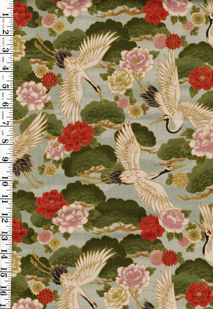 *Japanese - Flying Cranes, Pines & Peonies (Slightly Denser/ Heavier Weight) - CYS-1001-C - Celadon - By the Half Yard
