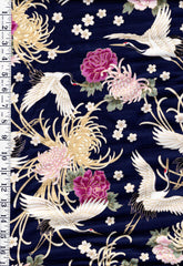 Japanese - Cosmo Flying Cranes, Mums, Peonies & Cherry Blossoms - Shantung Dobby Weave - AP42901-2C - NAVY