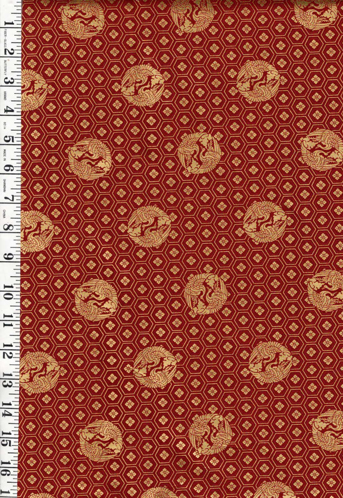 *Quilt Gate - Crane Crests & Hexagons - Gold Metallic - HR3530-13D - Brick - By the Half Yard