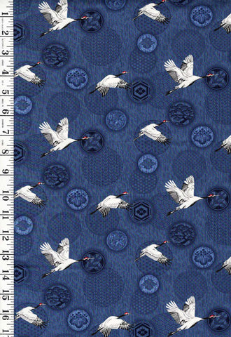 *Japanese - Small Flying Cranes & Floating Crests - Navy - Last 2/3 yards
