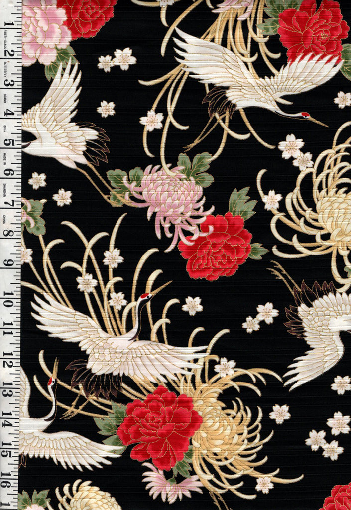 Japanese - Cosmo Flying Cranes, Mums, Peonies & Cherry Blossoms - Shantung Dobby Weave - AP42901-2D-Black - By the Half Yard