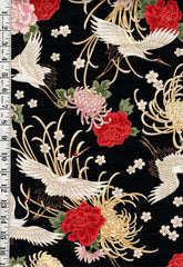 Japanese - Cosmo Flying Cranes, Mums, Peonies & Cherry Blossoms - Shantung Dobby Weave - AP42901-2D-Black - By the Half Yard