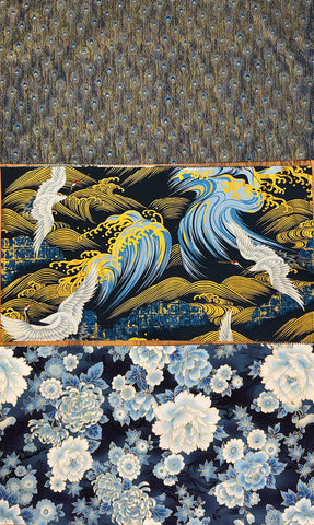 Kona Bay - Beautiful Peonies, Peacock Plumes, Flying Cranes & Crested Waves - 3 pieces - 1/3 yard each (12