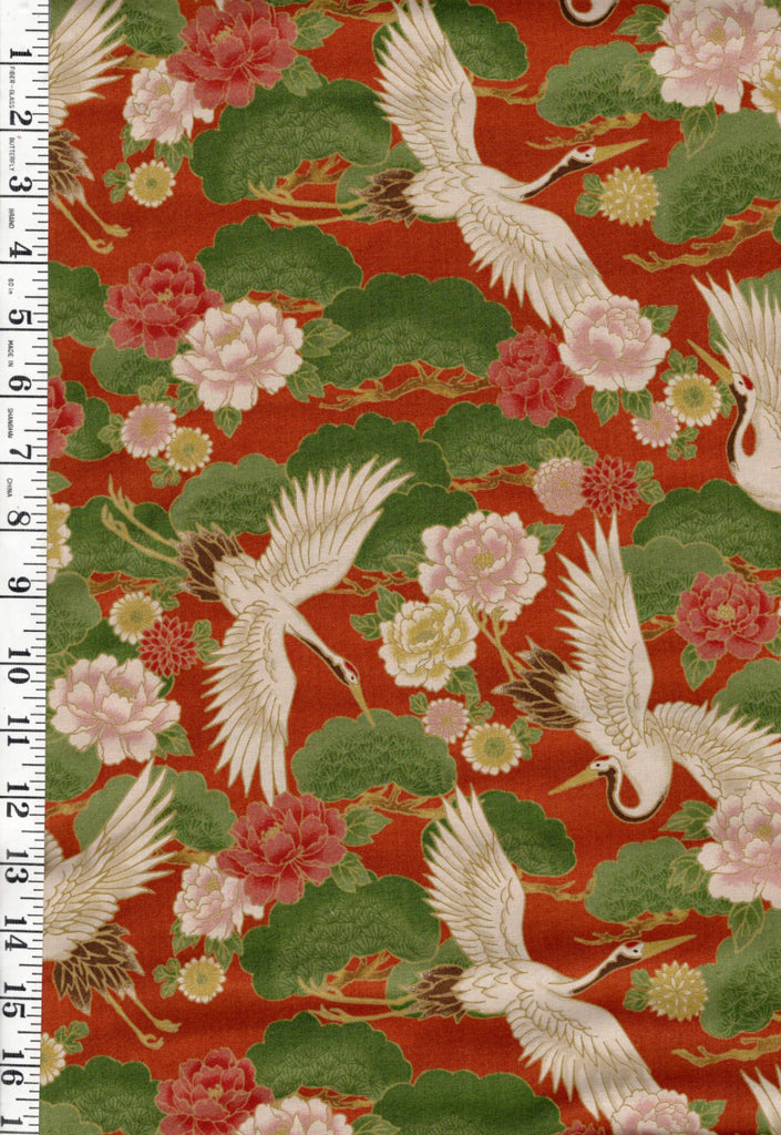*Japanese - Flying Cranes, Pines & Peonies (Slightly Denser/ Heavier Weight) - CYS-1001-D - Brick - By the Half Yard