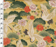 *Japanese - Flying Cranes, Pines & Peonies (Slightly Denser/ Heavier Weight) - CYS-1001-A - Gold - By the Half Yard