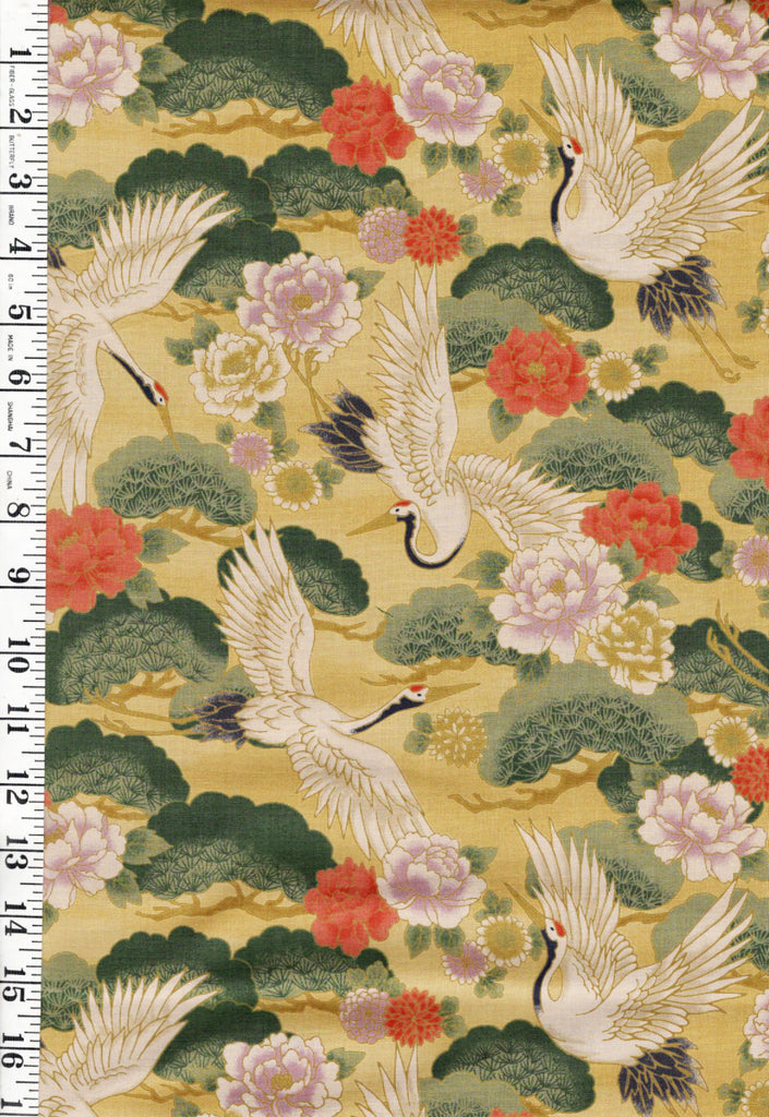 *Japanese - Flying Cranes, Pines & Peonies (Slightly Denser/ Heavier Weight) - CYS-1001-A - Gold - By the Half Yard