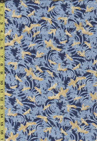 Japanese - Sevenberry Small Gold Metallic Cranes & Crest Waves - SB-850429-D1-3 - Blue - Navy - ON SALE - Last 3/4 Yard