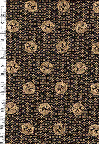 *Quilt Gate - Crane Crests & Hexagons - Gold Metallic - HR3530-13F - Black - By the Half Yard