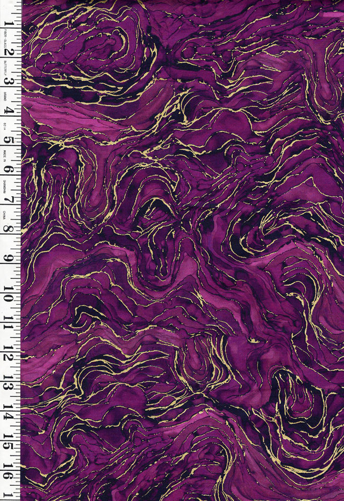 Fabric Art - Northcott Midas Touch - Abstract Gold Metallic Ripples - DM26835-28 - Plum Magenta - By the Half Yard