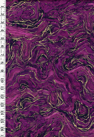 Fabric Art - Northcott Midas Touch - Abstract Gold Metallic Ripples - DM26835-28 - Plum Magenta