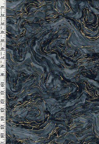 Fabric Art - Northcott Midas Touch - Abstract Gold Metallic Ripples - DM26835-99 - Black Gray - Last 2 3/4 Yards