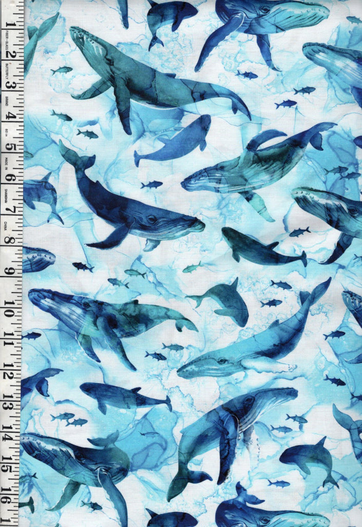 *Fabric Art - Northcott Deep Blue - Humpback Whales & Fish - DP28122-10 - White - By the Half Yard