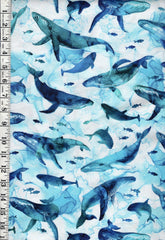 *Fabric Art - Northcott Deep Blue - Humpback Whales & Fish - DP28122-10 - White - By the Half Yard