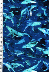 *Fabric Art - Northcott Deep Blue - Humpback Whales & Fish - DP28122-48 - Dark Navy - By the Half Yard