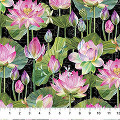 Asian - Northcott Water Lilies - Lotus Blossoms & Lily Pads - DP25057-99 - Black - Last 1 7/8 Yards