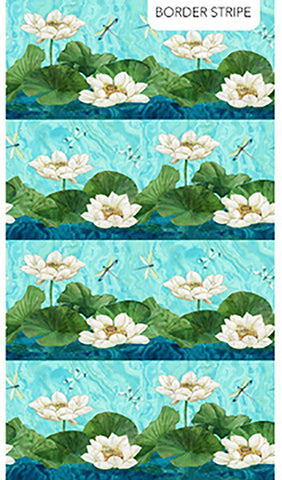 Fabric Art - Northcott Tranquil Waters - Dragonflies, Lotus Leaves & Water Lily Stripe - DP27207-48 - Turquoise