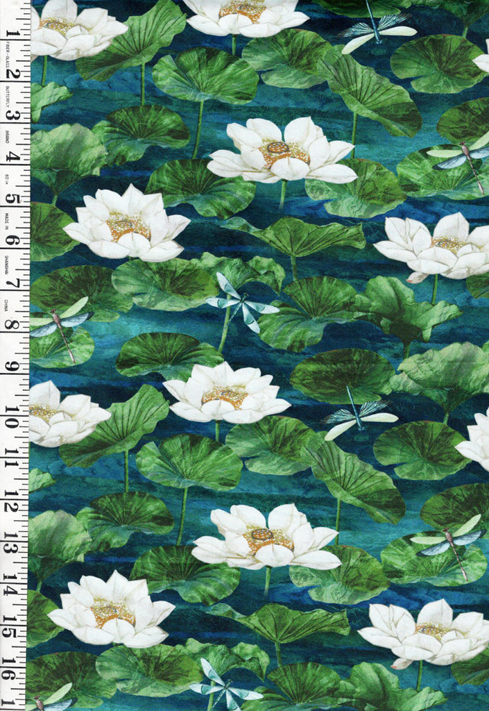 Fabric Art - Northcott Tranquil Waters - Dragonflies, Lotus Leaves & Water Lilies - DP27208-48 - Navy - By the Half Yard