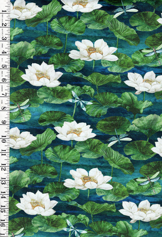 Fabric Art - Northcott Tranquil Waters - Dragonflies, Lotus Leaves & Water Lilies - DP27208-48 - Navy - Last 1/3 yard