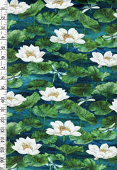 Fabric Art - Northcott Tranquil Waters - Dragonflies, Lotus Leaves & Water Lilies - DP27208-48 - Navy - By the Half Yard