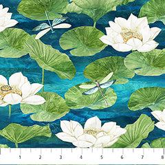 Fabric Art - Northcott Tranquil Waters - Dragonflies, Lotus Leaves & Water Lilies - DP27208-48 - Navy - By the Half Yard
