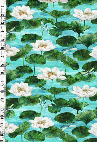 Fabric Art - Northcott Tranquil Waters - Dragonflies, Lotus Leaves & Water Lilies - DP27208-68 - Turquoise