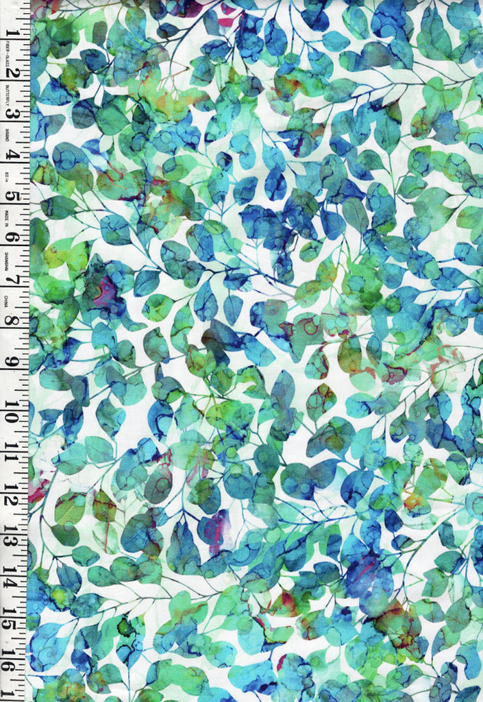 Fabric Art - Northcott Dragonfly Dance - Multi-Colored Leaves & Branches - DP27505-10 - White, Blue & Green - By the Half Yard