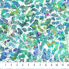 Fabric Art - Northcott Dragonfly Dance - Multi-Colored Leaves & Branches - DP27505-10 - White, Blue & Green - By the Half Yard
