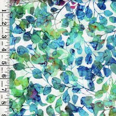 Fabric Art - Northcott Dragonfly Dance - Multi-Colored Leaves & Branches - DP27505-10 - White, Blue & Green - By the Half Yard