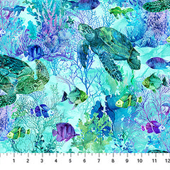 *Fabric Art - Northcott CORAL REEF - Turtles, Fish & Coral Reef - DP28877-66 - Turquoise-Multi - By the Half Yard