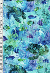 *Fabric Art - Northcott CORAL REEF - Turtles, Fish & Coral Reef - DP28877-66 - Turquoise-Multi - By the Half Yard