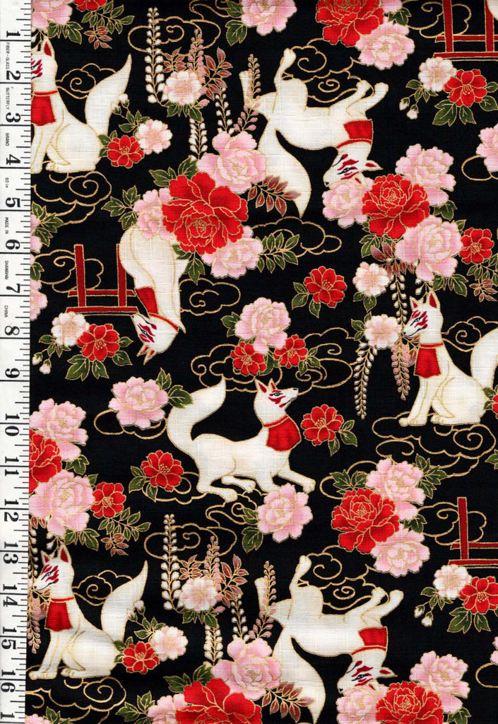 *Japanese - Cosmo Inuyama Dogs, Peonies & Tori Gate - Dobby Weave - AP52905-2E - Black - By the Half Yard
