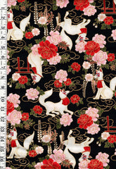 *Japanese - Cosmo Inuyama Dogs, Peonies & Tori Gate - Dobby Weave - AP52905-2E - Black - By the Half Yard