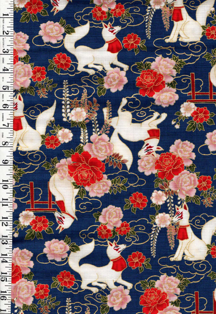 *Japanese - Cosmo Inuyama Dogs, Peonies & Tori Gate - Dobby Weave - AP52905-2D - Blue- By the Half Yard