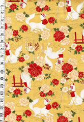 *Japanese - Cosmo Inuyama Dogs, Peonies & Tori Gate - Dobby Weave - AP52905-2A - Yellow - By the Half Yard