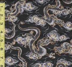 SALE - Quilt Gate - Hyakka Ryoran - Dragons & Clouds - HR3440-12E - Black - SAVE 50% - By the Yard