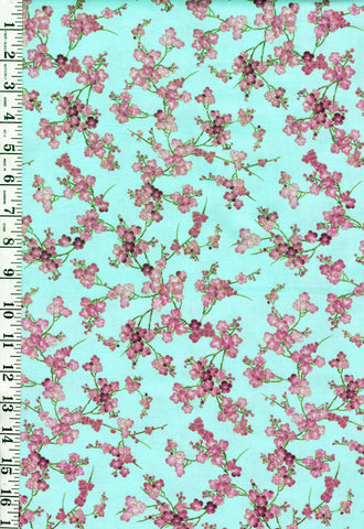 *Asian - SHIZUKA - Small Cherry Blossom (Sakura) Branches - FLEUR-CM3165 - AQUA - By the Half Yard