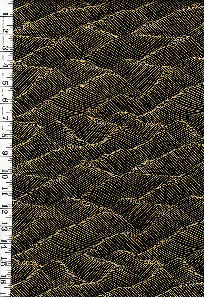 *Asian - SHIZUKA - Stylized Waves - FLEUR-CM3171 - BLACK & Gold Metallic - By the Half Yard