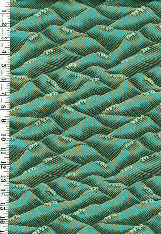 *Asian - SHIZUKA - Stylized Waves - FLEUR-CM3171 - JADE GREEN - TURQUOISE & Gold Metallic - By the Half Yard