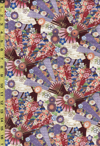 *Japanese - Floating Mums & Floral Fans - TAK - TM-7703-B - Maroon