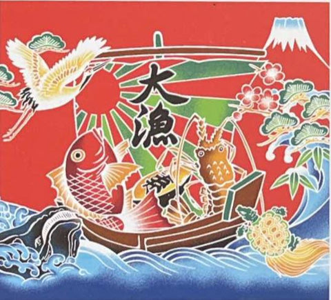 Japanese Panel - Cosmo Fisherman's Good Luck PANEL- Fish, Lobster, Crane, Mt. Fuji - Red - AP85801-4 - Red - ON SALE - Save 15%