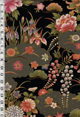 *Asian - Beautiful Floral Garden, Japanese Motif Clouds #94478 - Black - Last 7/8 yard