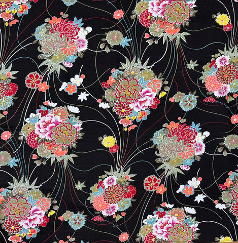 Furoshiki - Japanese Wrapping Cloth - Floral Bouquets - Black - ONE ONLY